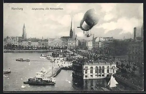 AK Hamburg, Zeppelin Parseval 6 über dem Jungfernstieg und Alsterpavillon