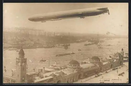 AK Hamburg, Luftschiff Zeppelin über dem Hafen