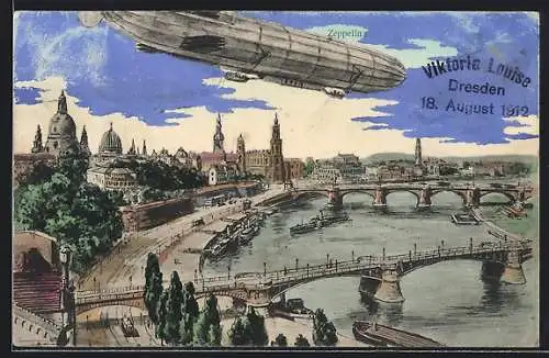 AK Dresden, Zeppelin Viktoria Louise über dem Ort 1912