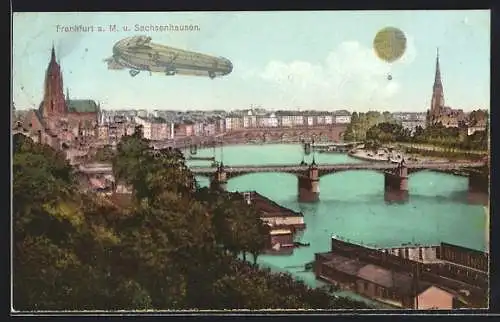 AK Frankfurt a. M., Zeppelin und Ballon fliegen nach Sachsenhausen