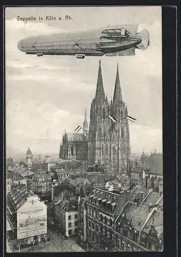 AK Köln, Zeppelin kreist über dem Dom