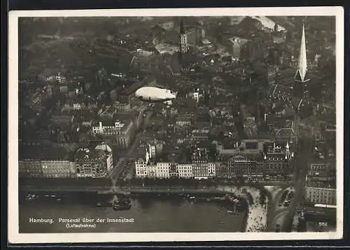 AK Hamburg, Zeppelin Parseval über der Innenstadt