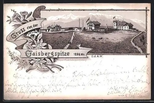 Vorläufer-Lithographie Gaisbergspitze, 1895, Ortsansicht mit Bergpanorama