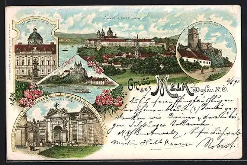 Vorläufer-Lithographie Melk a. Donau, 1895, Stift, Ruine Weitenegg, Prälatenhof