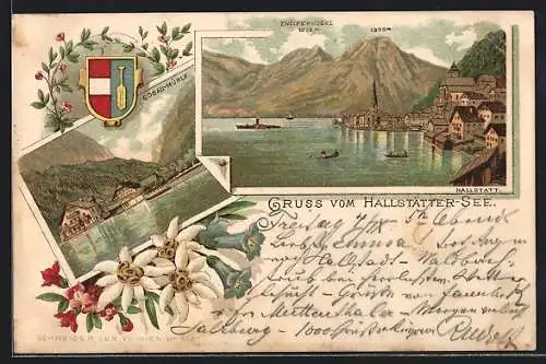Vorläufer-Lithographie Hallstatt, 1894, Gosau-Mühle, Ortsansicht, Hallstätter See