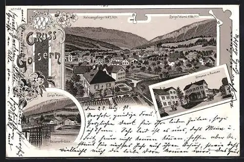 Lithographie Goisern, Strasse nach Aussee, Goisererbrücke mit Ewiger Wand, Ortsansicht mit Heinzengebirge