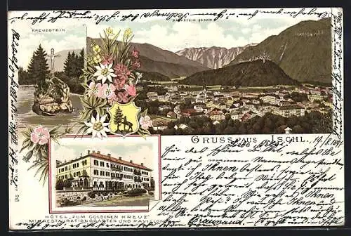 Lithographie Ischl, Hotel zum Goldenen Kreuz, Kreuzstein, Ortsansicht gegen Dachstein