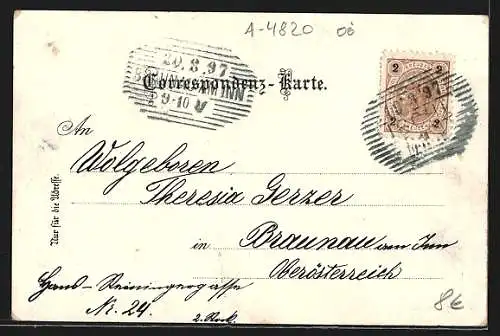 Lithographie Ischl, Hotel zum Goldenen Kreuz, Kreuzstein, Ortsansicht gegen Dachstein