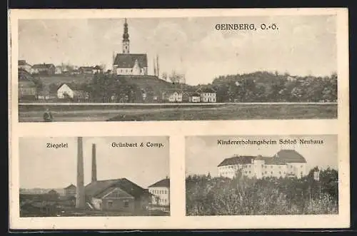 AK Geinberg, Totalansicht Kirche, Ziegelei Grünbart & Comp., Kindererholungsheim Schloss Neuhaus