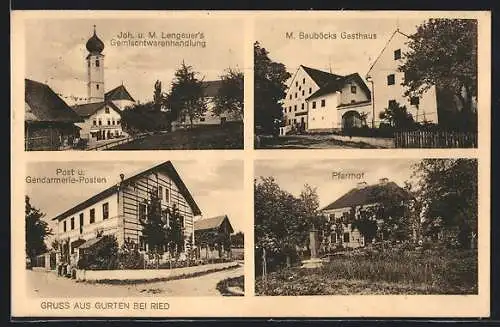 AK Gurten b. Ried, M. Bauböcks Gasthaus, Pfarrhof, Joh. u. M. Lengauer`s Gemischtwarenhandlung