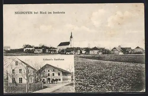 AK Neuhofen bei Ried, Fellner`s Gasthaus, Ortsansicht mit der Kirche