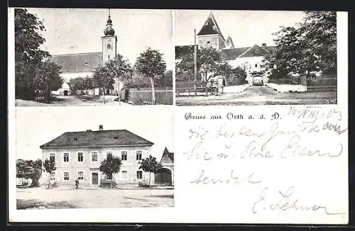 AK Orth a. d. D., Schloss, Schulhaus und Kirche