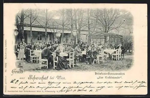 AK Schwechat bei Wien, Bräuhaus-Restaurant Zur Kohlstaude, vollbesetzter Aussenbereich
