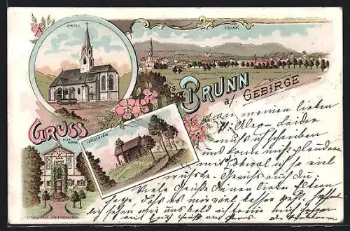 Lithographie Brunn a. Gebirge, Villa Gudera, die Lerchenhöhe, Kirche