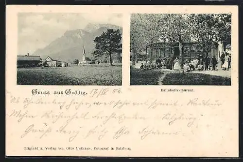 AK Grödig, Gäste am Bahnhofsrestaurant, Ortsansicht gegen die Berge