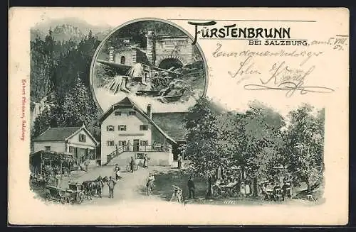 AK Grödig, Fürstenbrunn, Gasthaus, Brunnenleitung