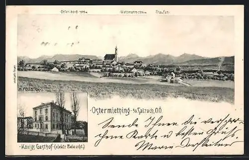 AK Ostermiething, Königs Gasthof, Ortsansicht gegen Watzmann