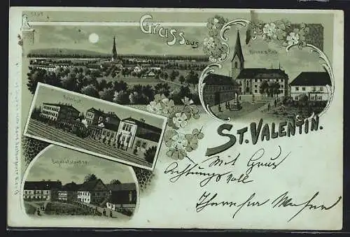Mondschein-Lithographie St. Valentin, Bahnhof, Bahnhofstrasse, Kirche & Platz, Gesamtansicht