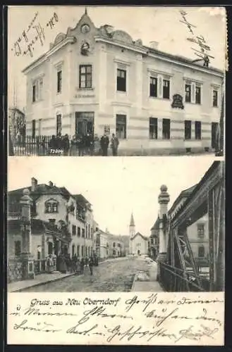 AK Oberndorf bei Salzburg, Neu Oberndorf, Haus J. Th. Schachinger, Strassenpartie mit Blick zur Kirche