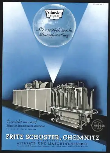 Briefkopf Chemnitz, Fritz Schuster, Apparate- und Maschinenfabrik, Der Schuster Strumpfform-Automat