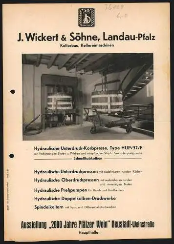 Briefkopf Landau / Pfalz, J. Wickert & Söhne, Kelterbau und Keltereimaschinen, Ansicht einer aufgebauten Maschine