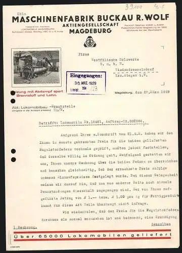 Rechnung Magdeburg 1929, R. Wolf, Maschinenfabrik Buckau AG, Aufgebaute Maschinenreihe
