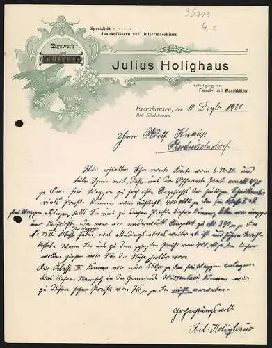 Rechnung Eiershausen 1920, Julius Holighaus, Sägewerk und Kofferei, Adler und Blumen
