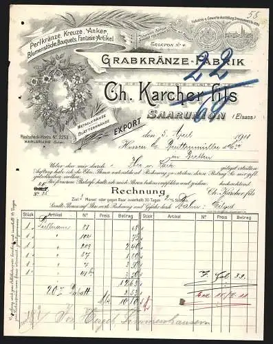 Rechnung Saarunion /Elsass 1911, Ch. Karcher fils, Grabkränze-Fabrik, Blumenkranz und Preis-Medaille