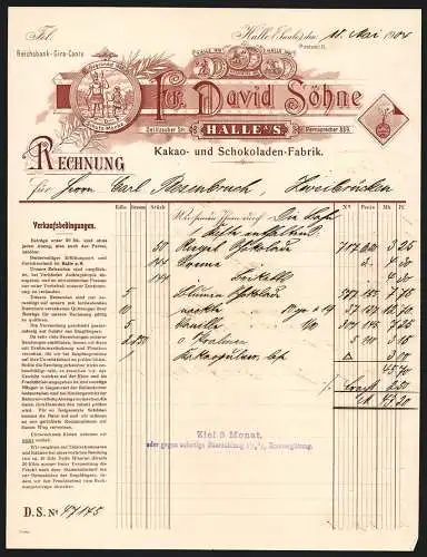 Rechnung Halle /Saale, 1904, Fr. David Söhne, Kakao- und Schokoladen-Fabrik, Schutzmarke Krieger und Hirte, Medaillen