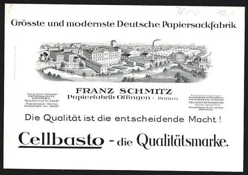 Rechnung Offingen /Donau, Franz Schmitz, Papierfabrik, Gesamtansicht des Werkes, Marke Cellbasto