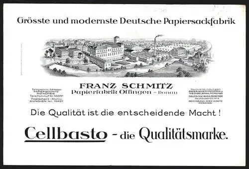 Rechnung Offingen /Donau, Franz Schmitz, Papierfabrik, Gesamtansicht der Fabrik, Marke Cellbasto