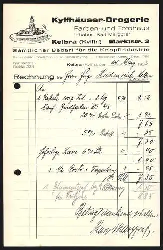 Rechnung Kelbra /Kyffh., 1933, Karl Marggraf, Kyffhäuser-Drogerie, Das Kyffhäuser-Denkmal