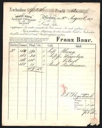 Rechnung Offenburg 1862, Franz Baur, Spedition, Commission & Incasso, Lieferliste