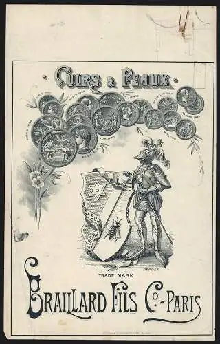 Rechnung Paris, Braillard Fils & Co., Cuirs & Peaux, Handelsmarke mit Ritter und Wappen, Preis-Medaillen