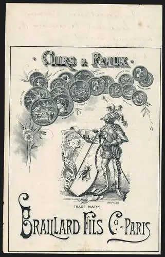 Rechnung Paris 1923, Braillard Fils & Co., Cuirs & Peaux, Handelsmarke mit Ritter und Wappen, Preis-Medaillen