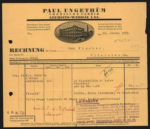 Rechnung Leubnitz-Werdau i. Sa. 1938, Paul Ungethüm, Chemische Fabrik, Das Fabrikgebäude