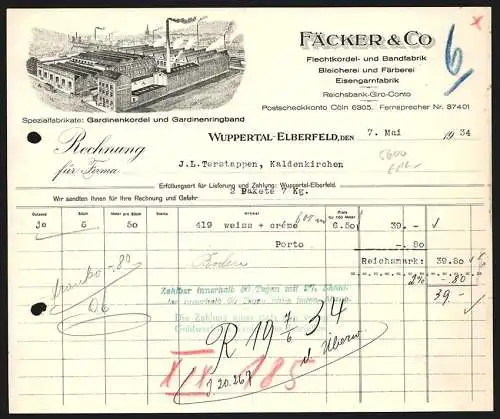 Rechnung Wuppertal-Elberfeld 1934, Fäcker & Co., Flechtkordel- und Bandfabrik, Blick auf die Fabrikanlage