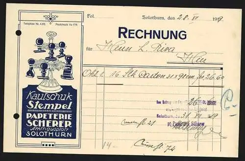 Rechnung Solothurn 1919, Papeterie Scherer, Ansicht von Kautschuk-Stempeln