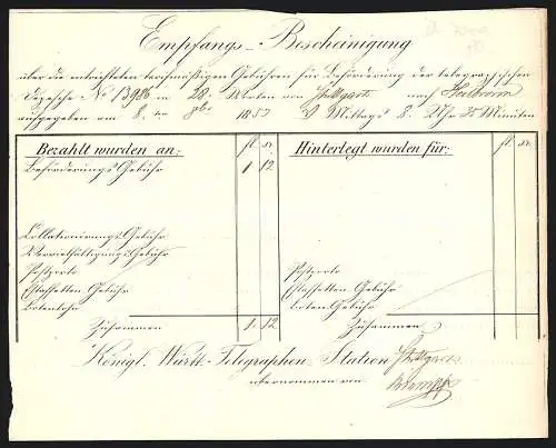 Rechnung Stuttgart 1859, Königl. Württ. Telegraphen-Station, Empfangsbescheinigung, Nr. 13986