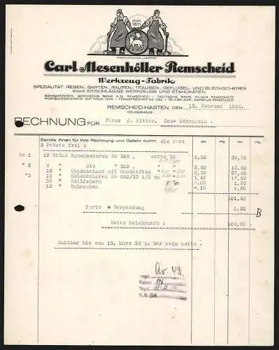 Rechnung Remscheid-Hasten 1926, Carl Mesenhöller, Werkzeug-Fabrik, Logo mit zwei Industriearbeitern