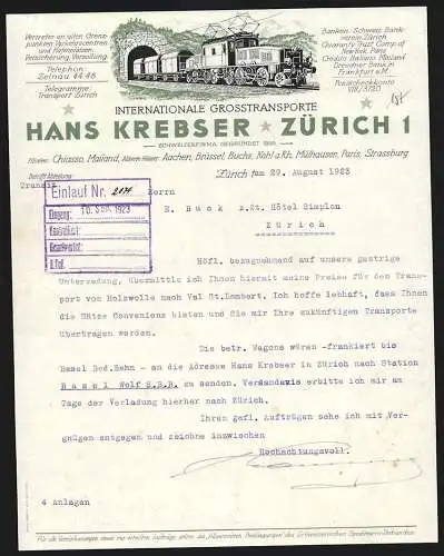 Rechnung Zürich 1923, Hans Krebser, Internationale Grosstransporte, Elektrische Eisenbahn an einem Tunnel