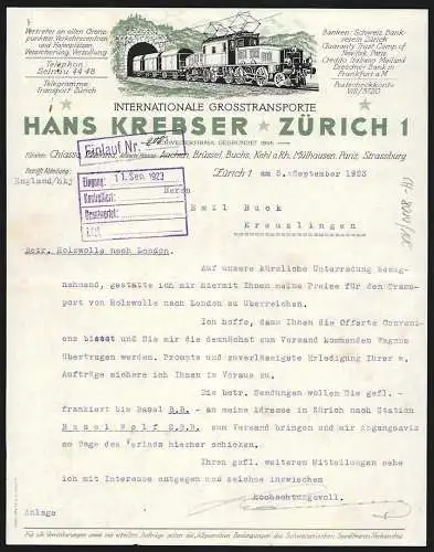 Rechnung Zürich 1923, Hans Krebser, Internationale Grosstransporte, Elektrische Eisenbahn fährt aus einem Tunnel