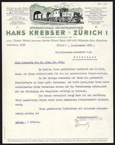 Rechnung Zürich 1923, Hans Krebser, Internationale Grosstransporte, Elektrische Eisenbahn an einem Tunnel