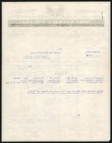 Rechnung Zürich 1923, Hans Krebser, Internationale Transporte, Firmenlogo