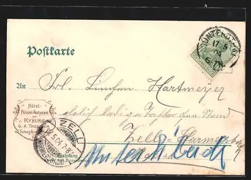 Lithographie Kyburg, Ortspartie und Frau mit Laken