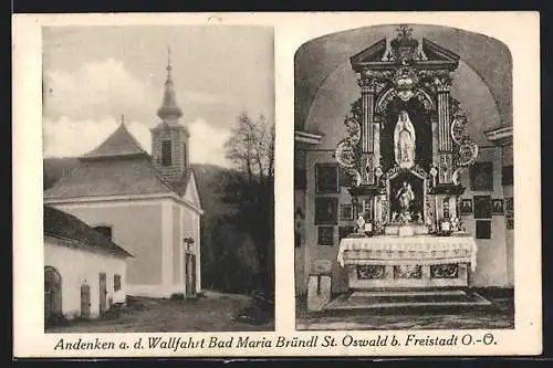 AK St. Oswald bei Freistadt, Wallfahrtskirche Bad Maria Bründl, Aussen- und Innenansicht