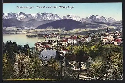 AK Gmunden /Salzkammergut, Ortsansicht mit Höllengebirge