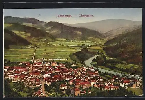 AK Judenburg /Obersteier, Ortsansicht mit Fluss und Bergblick