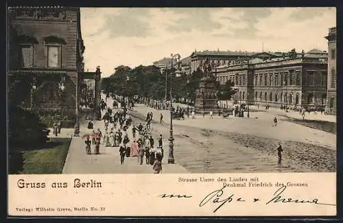AK Berlin, Strassenpartie Unter den Linden mit Blick auf das Denkmal Friedrich des Grossen