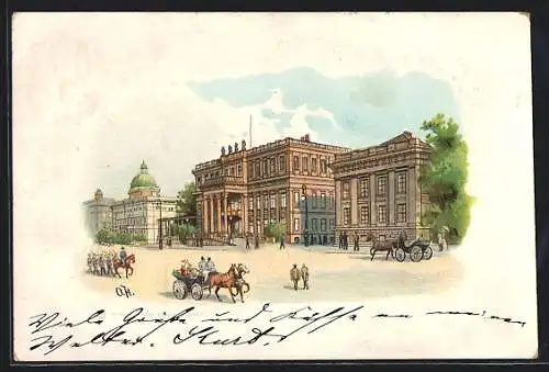 Lithographie Berlin, Militär und Pferdekutschen vor dem Palais Kaiser Friedrichs